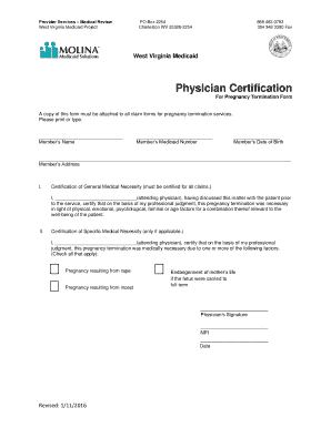 Physician Certification for Pregnancy Termination
