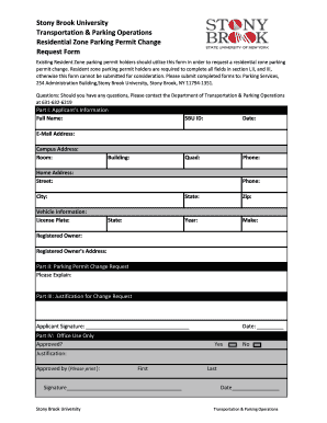 Stony Brook University Residential Zone Parking Permit Change Request Form