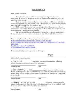 Permission Slip for Watching October Sky in Science Class