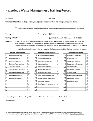 Hazardous Waste Management Training Record