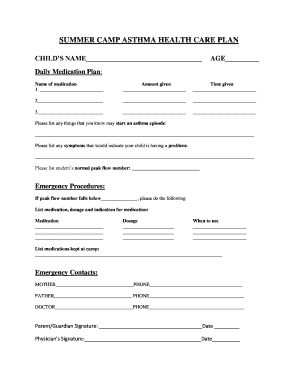 Summer Camp Asthma Health Care Plan