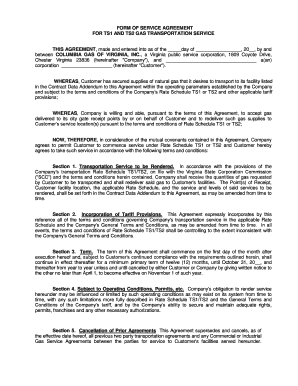 FORM OF SERVICE AGREEMENT FOR TS1 AND TS2 GAS TRANSPORTATION