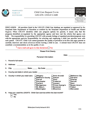 Maryland Child Care Request Form