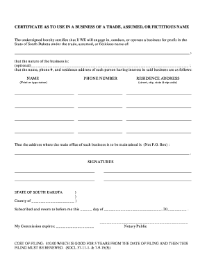 South Dakota Assumed Business Name Certificate