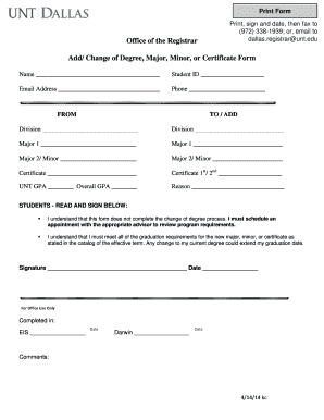 Add/Change of Degree, Major, Minor, or Certificate Form