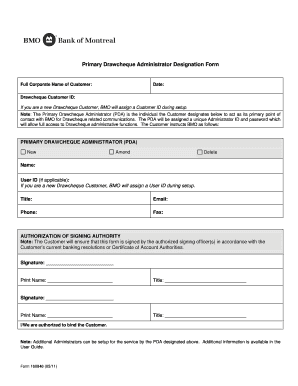 Primary Drawcheque Administrator Designation Form
