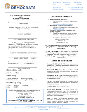 Pennsylvania Democratic Party Delegate Candidacy Form