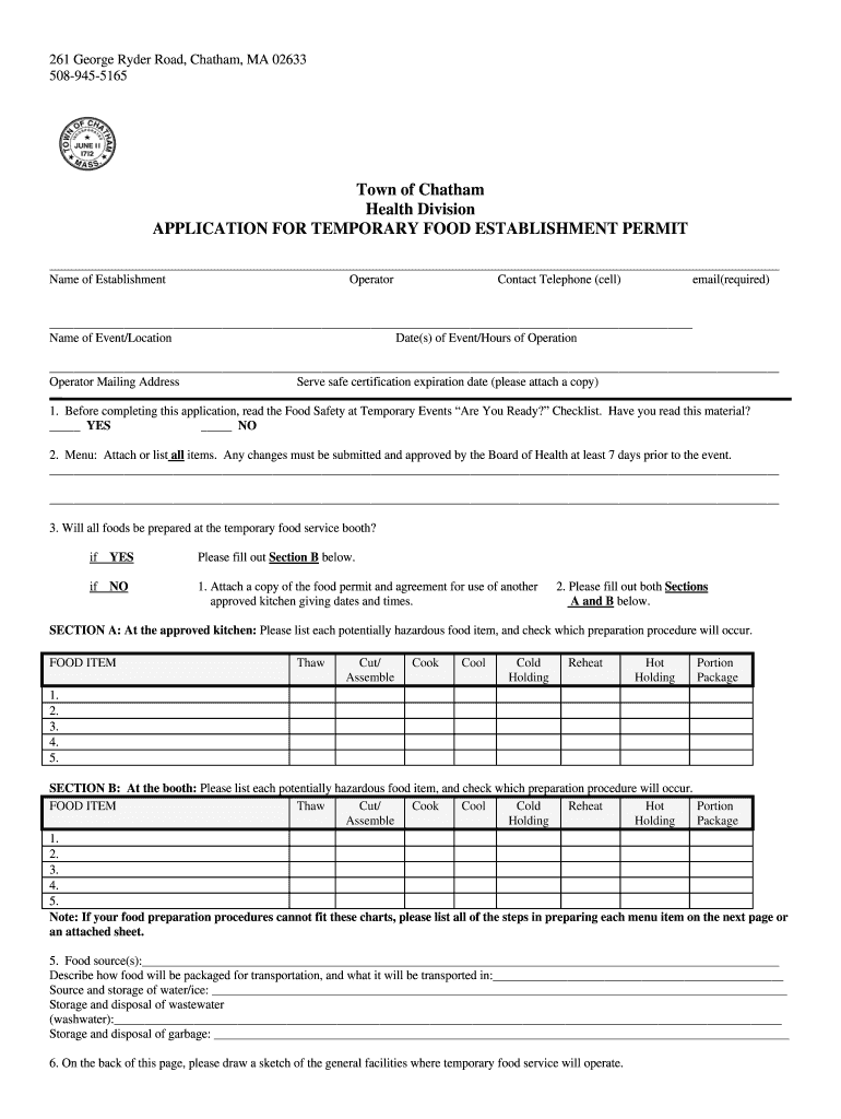 massachusetts food establishment permit application Preview on Page 1