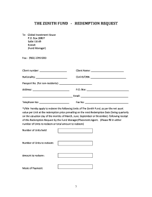 The Zenith Fund Redemption Request