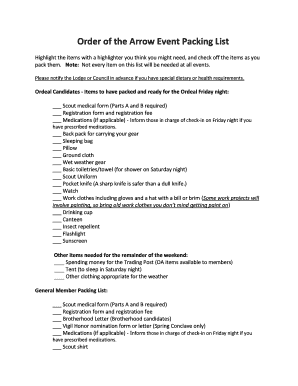 Order of the Arrow Event Packing List