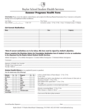 Baylor School Summer Programs Health Form