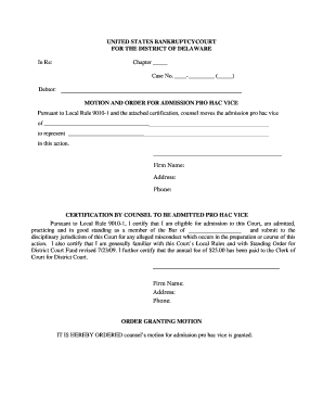 Motion and Order for Admission Pro Hac Vice