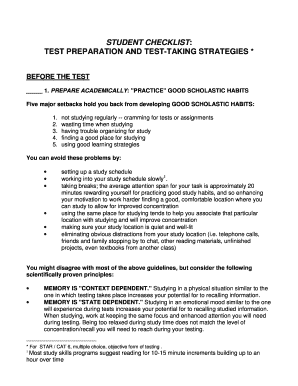 Student Test Preparation Checklist
