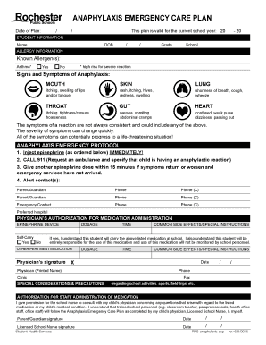 Anaphylaxis Emergency Care Plan