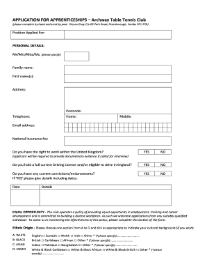 APPLICATION FOR APPRENTICESHIPS Archway Table Tennis Club
