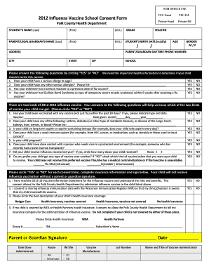 2012 Influenza Vaccine School Consent Form