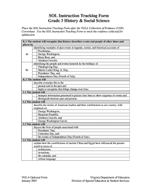 SOL Instruction Tracking Form Grade 3 History Social Science