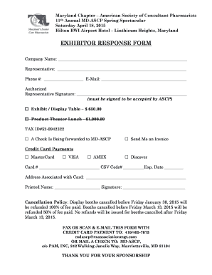 Ctbaaus2s - Maryland Chapter American Society of Consultant Pharmacists 11th Annual MDASCP Spring Spectacular Saturday April 18, 2015 Hilton BWI Airport Hotel Linthicum Heights, Maryland EXHIBITOR RESPONSE FORM Company Name: Representative: Phone #: