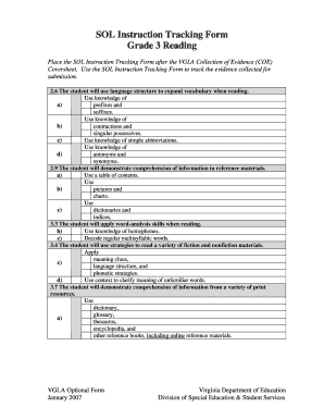 Virginia Grade 3 Reading SOL Instruction Tracking Form