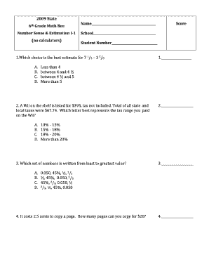 6th Grade Math Bee Competition Form
