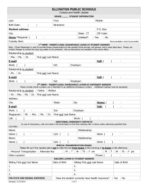 Ellington Public Schools Contact and Health Update Form
