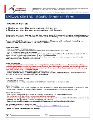 Special Centre Board Enrolment Form