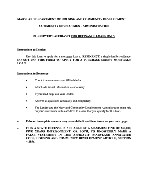 Maryland Borrower's Affidavit for Refinance Loans