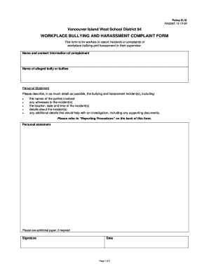 WORKPLACE BULLYING AND HARASSMENT COMPLAINT FORM - sd84 bc