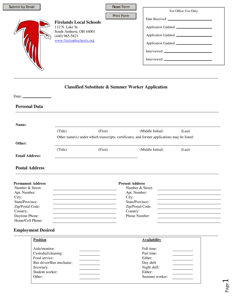 Fillable Online firelandsschools For Office Use Only Date Received