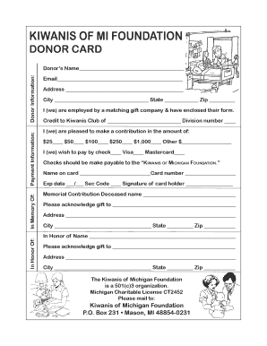 Kiwanis of Michigan Foundation Donor Card
