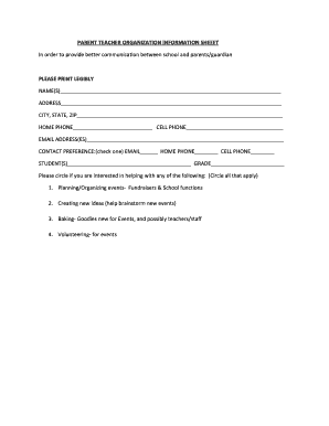 Parent Teacher Organization Information Sheet
