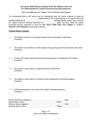 New Jersey School-to-Work Program Checklist