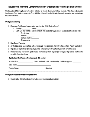 Educational Planning Preparation Sheet for Running Start Students