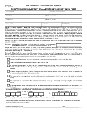 New Mexico Research and Development Small Business Tax Credit Claim Form