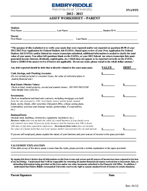 FAFSA Asset Worksheet - Parent