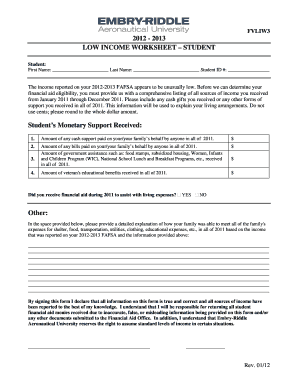 Low Income Worksheet for Student