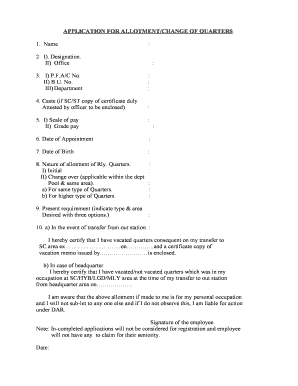 Application for Allotment/Change of Quarters
