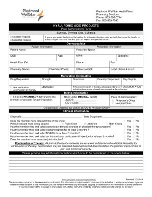 Prior Authorization Form for Hyaluronic Acid Products