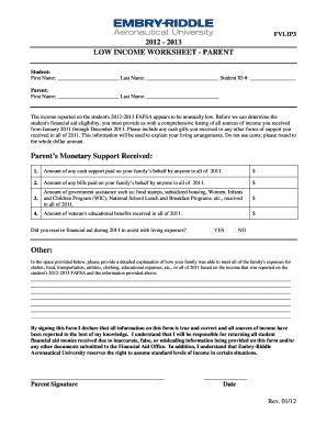 Low Income Worksheet for Financial Aid