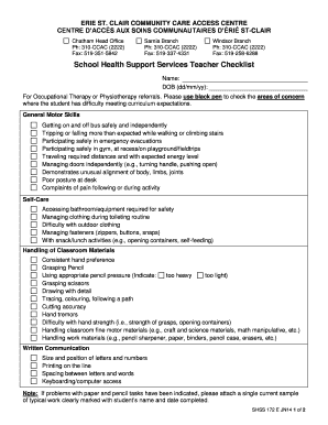 School Health Support Services Teacher Checklist