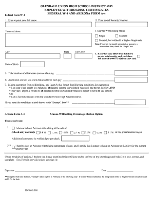 Federal W-4 and Arizona A-4 Employee Withholding Certificates
