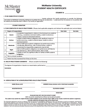 McMaster University Student Health Certificate