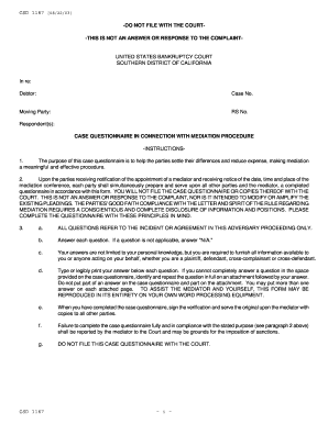 US Bankruptcy Court Mediation Questionnaire