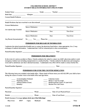 Colchester School District Student Health Information Update Form