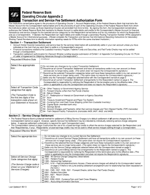 Federal Reserve Transaction and Service Fee Settlement Authorization Form