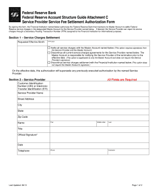 Federal Reserve Service Fee Settlement Authorization Form