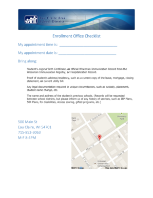 Wisconsin immunization record - Enrollment Office Checklist My appointment time is: My appointment date is: Bring along: Student 's original Birth Certificate, or official Wisconsin Immunization Record from the Wisconsin Immunization Registry, or Hospitalization Record