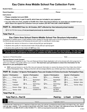 Eau Claire Middle School Fee Collection Form
