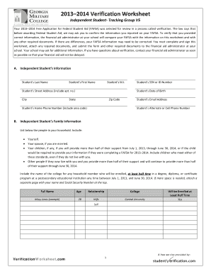 2013–2014 Verification Worksheet for FAFSA