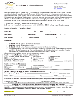 Blue Mountain Community College Authorization to Release Information